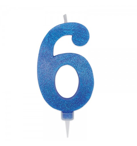 CANDELINA NUMERO 6 BLU GLITTER 15 CM