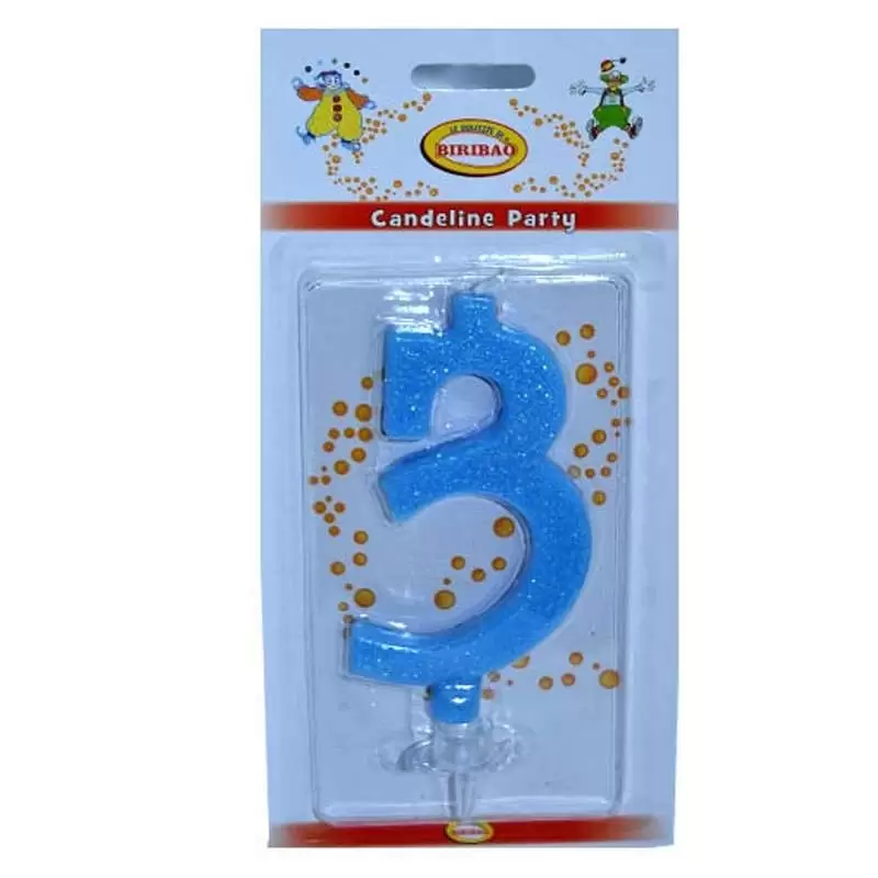 CANDELINA NUMERO 3 CELESTE GLITTER 10 CM