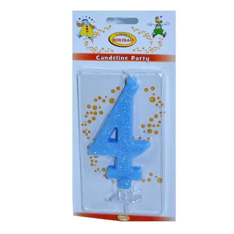 CANDELINA NUMERO 4 CELESTE GLITTER 10 CM