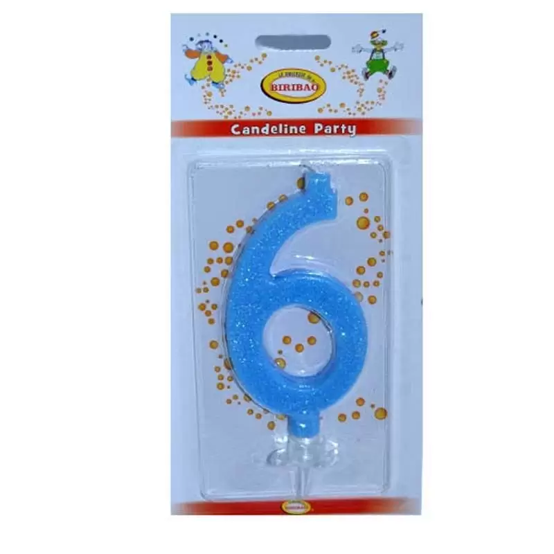 CANDELINA NUMERO 6 CELESTE GLITTER 10 CM