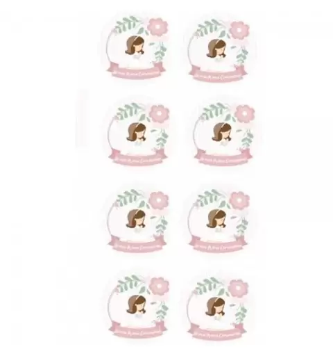 ADESIVO TONDO COMUNIONE BIMBA ROSA
