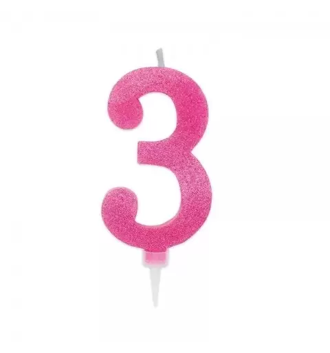 CANDELINA NUMERO 3 FUXSIA GLITTER 15 CM