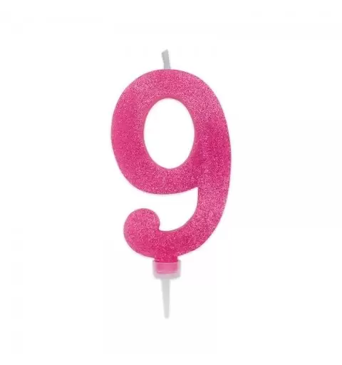 CANDELINA NUMERO 9 FUXIA GLITTER 15 CM