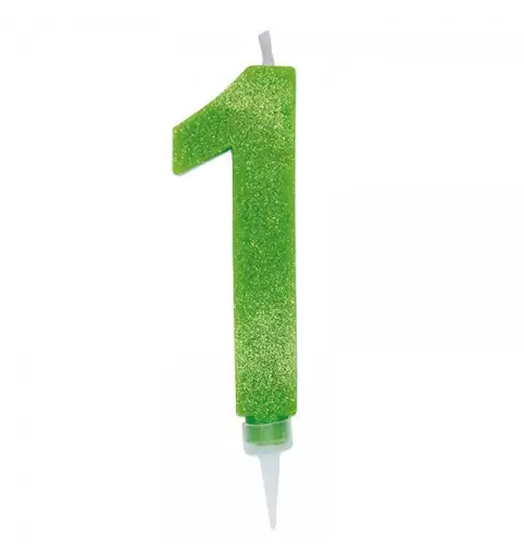 CANDELINA NUMERO 1 VERDE MELA GLITTER 15 CM