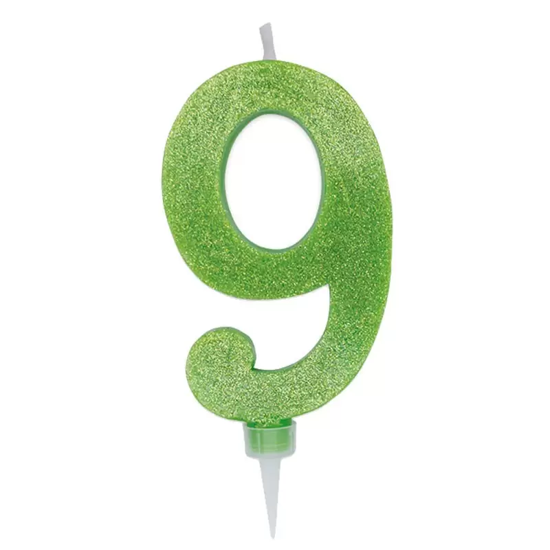 CANDELINA NUMERO 9 VERDE MELA GLITTER 15 CM