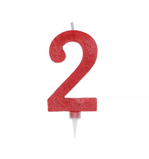 CANDELINA NUMERO 2 ROSSA GLITTER 15 CM