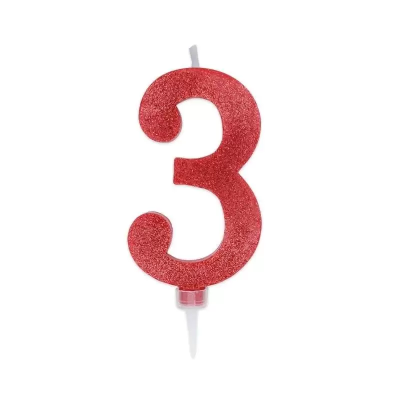 CANDELINA NUMERO 3 ROSSA GLITTER 15 CM