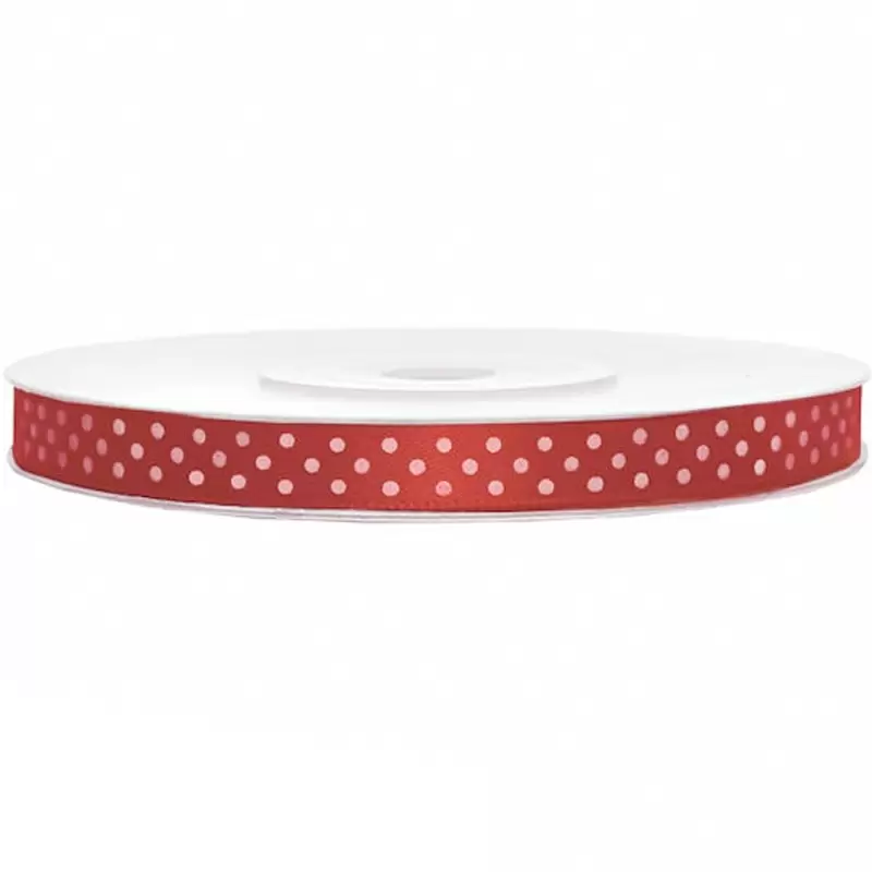 2 ROTOLI NASTRINO DOPPIO RASO ROSSO POIS BIANCHI 1,5 CM X 25 METRI