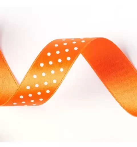 ROTOLO NASTRINO DOPPIO RASO ARANCIONE POIS BIANCHI 1,5 CM X 25 METRI