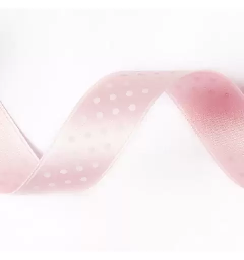 ROTOLO NASTRINO DOPPIO RASO ROSA POIS BIANCHI 1,5 CM X 25 METRI