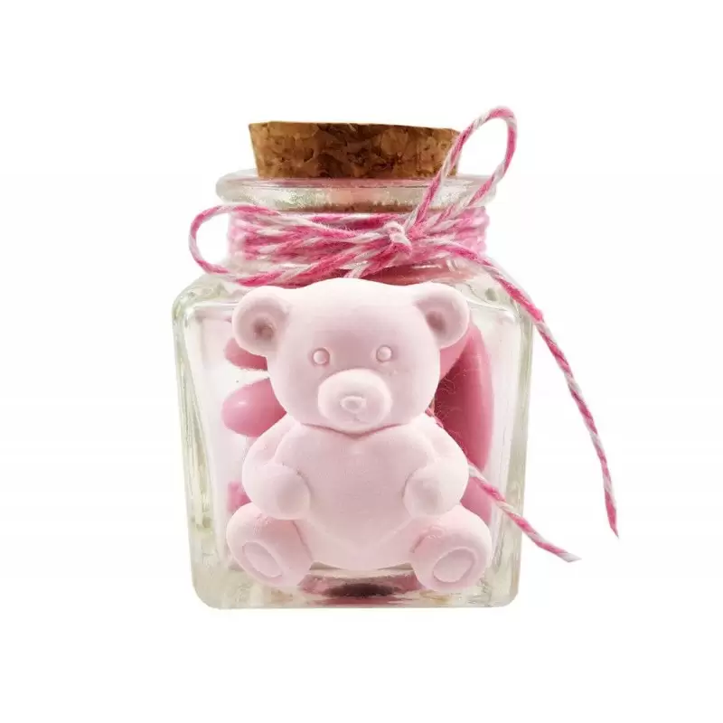 BARATTOLI IN VETRO CON ORSETTI ROSA DI GESSO - 12 PZ