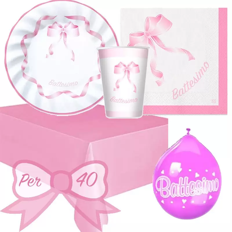 KIT N 8 COORDINATO TAVOLA BATTESIMO SONAGLIO ROSA FESTA SACRAMENTO BIMBA BAMBINA