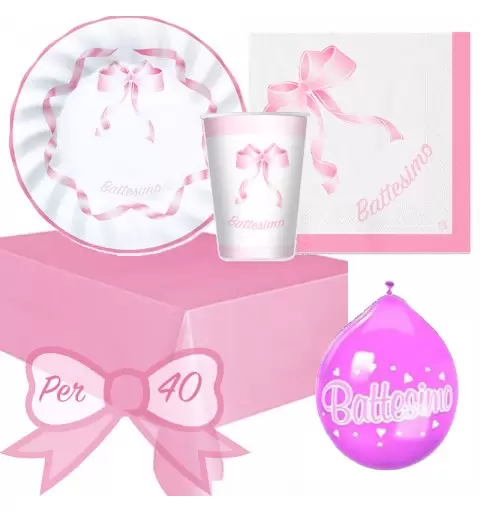 KIT N 8 COORDINATO TAVOLA BATTESIMO SONAGLIO ROSA FESTA SACRAMENTO BIMBA BAMBINA
