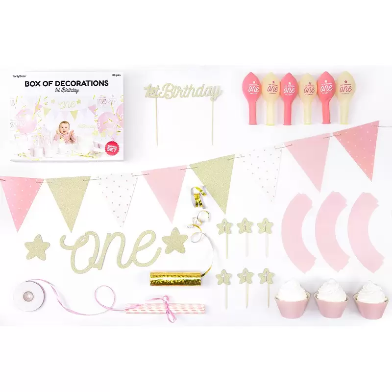 BOX DECORAZIONI 1 ANNO ROSA E ORO CON 3 LECCA LECCA