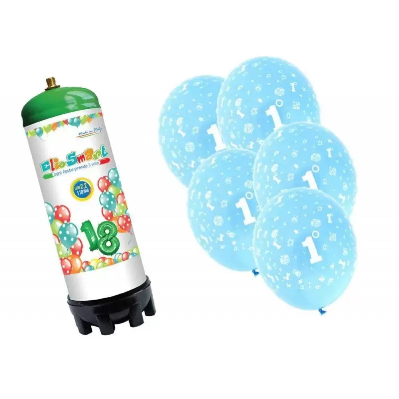 BOMBOLA AD ELIO CON PALLONCINI STAMPATI 1 ANNO CELESTE 25 PZ