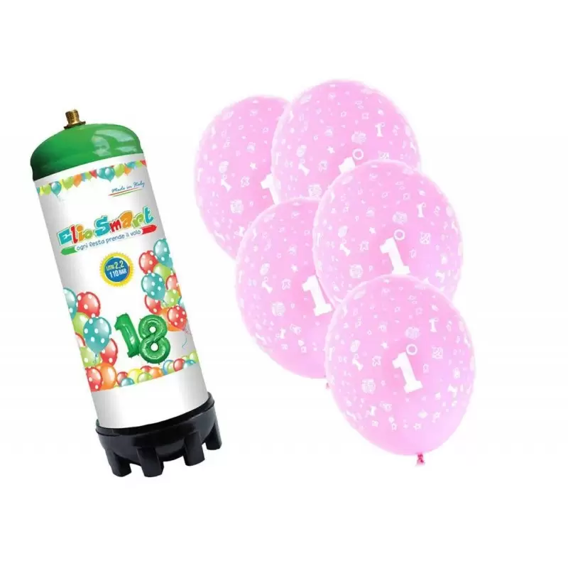 BOMBOLA AD ELIO CON PALLONCINI STAMPATI 1 ANNO ROSA 25 PZ