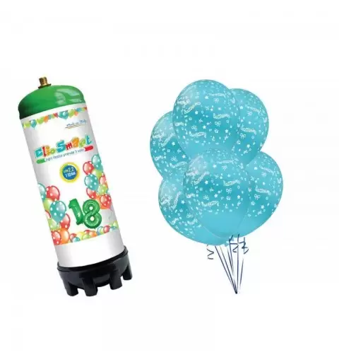 BOMBOLA AD ELIO CON PALLONCINI STAMPATI BATTESIMO CELESTE 25 PZ