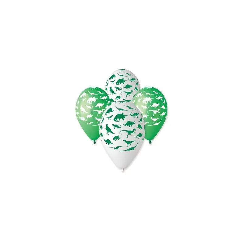 100  PALLONCINI IN LATTICE CON GRAFICA " DINOSAURI " BIANCHI E VERDI ASSORTITI