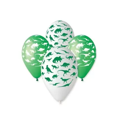 100  PALLONCINI IN LATTICE CON GRAFICA " DINOSAURI " BIANCHI E VERDI ASSORTITI
