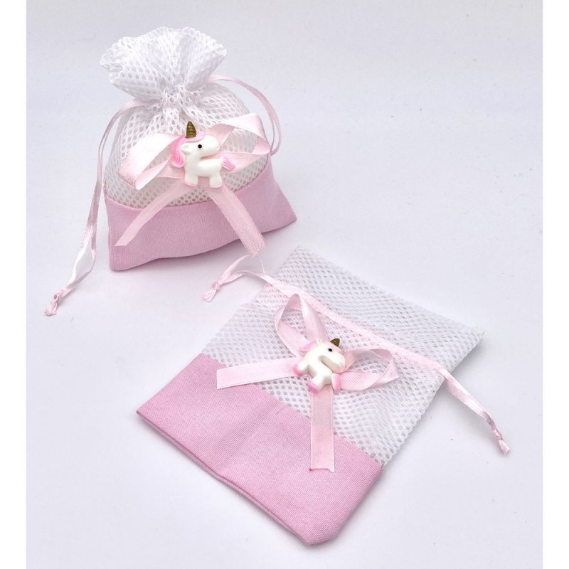 20 sacchetti portaconfetti rete con unicorno bianco e rosa