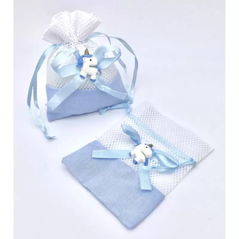 Sacchetti portaconfetti celeste con unicorno, bomboniera per bambino