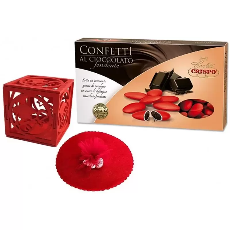 SCATOLINE IN LEGNO TRAFORATE ROSSE CON CONFETTI CRISPO E VELI DI FATA
