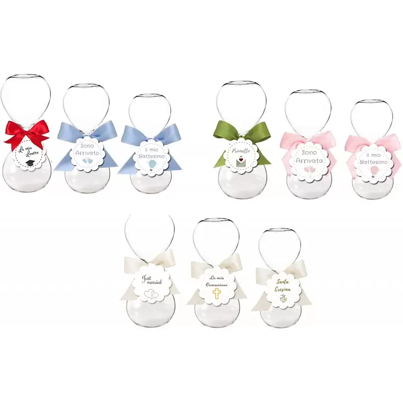 10 CLESSIDRE GRANDI 13 CM CON BIGLIETTINI FIORE E NASTRINO A SCELTA