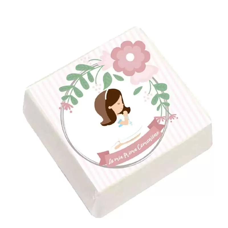 20 QUADRATINI DI MARSHMALLOW PRIMA COMUNIONE CON BIMBA ROSA