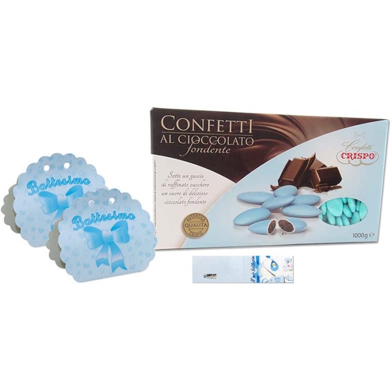 25 SCATOLINE VENTAGLIO BATTESIMO CELESTE CON CONFETTI CRISPO FONDENTI
