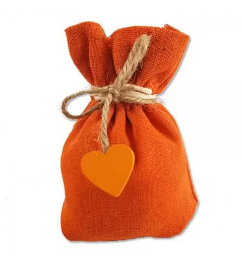 10 SACCHETTI ARANCIONI CON CUORICINI DI LEGNO