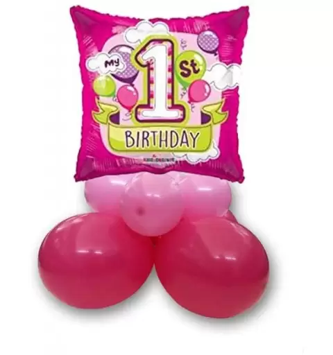 CENTROTAVOLA DI PALLONCINI CON FOIL QUADRATO 1 COMPLEANNO ROSA