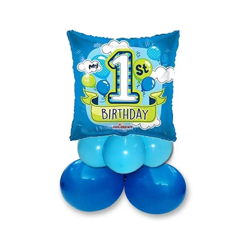 CENTROTAVOLA DI PALLONCINI CON FOIL QUADRATO 1 ANNO CELESTE