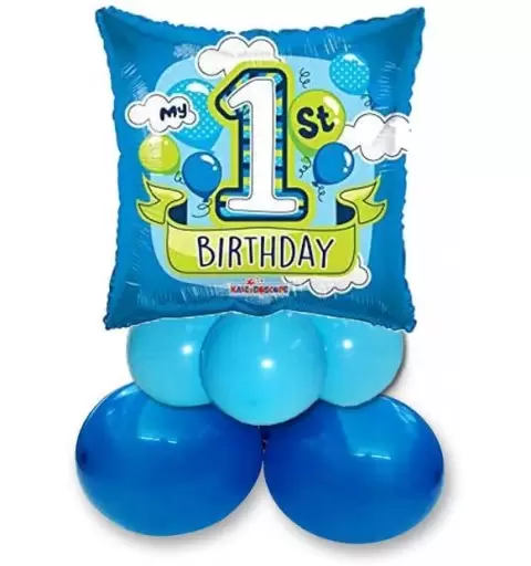 CENTROTAVOLA DI PALLONCINI CON FOIL QUADRATO 1 ANNO CELESTE