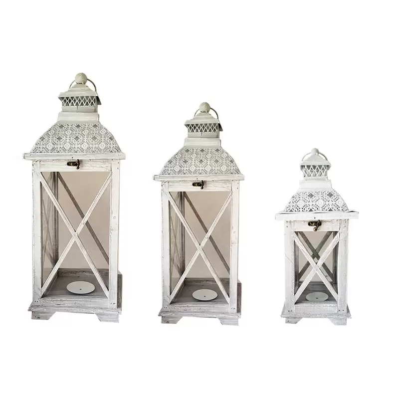 Set di 3 Lanterne in Legno e Metallo Grigio con lavorazione effetto ricamo FGF93137S