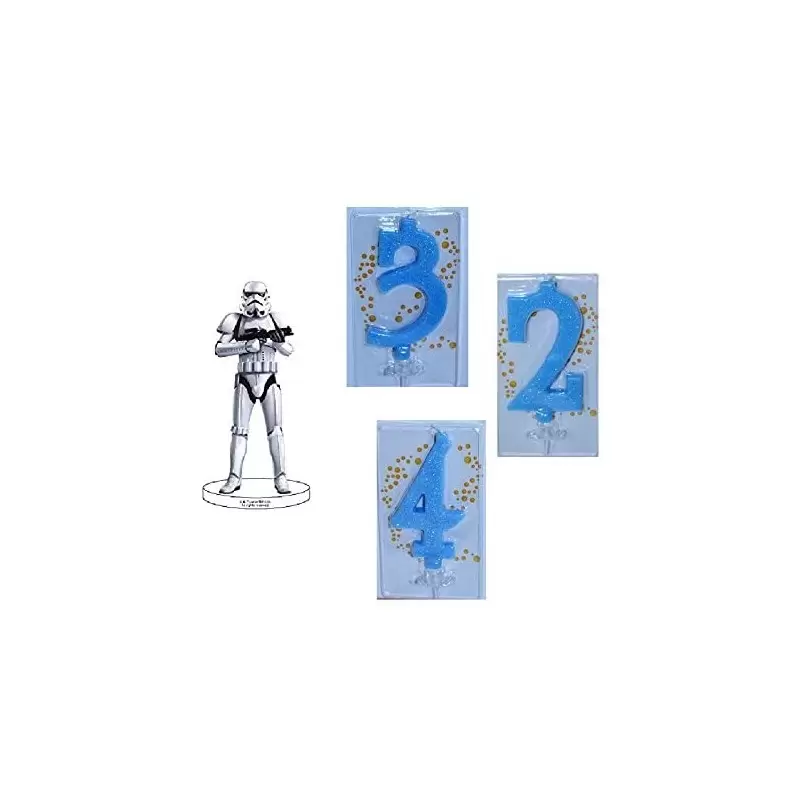 DECORAZIONE TORTA STAR WARS STORMTROOPER CON CANDELINA NUMERO GLITTER CELESTE