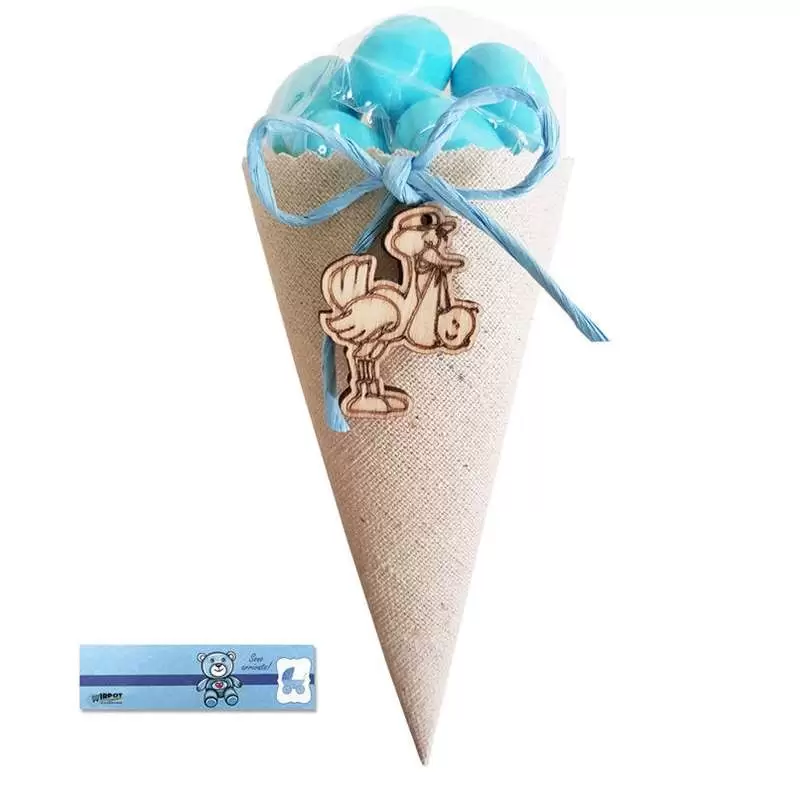 24 CONI PORTARISO BEIGE CON CICOGNA DI LEGNO E CONFETTI CELESTI
