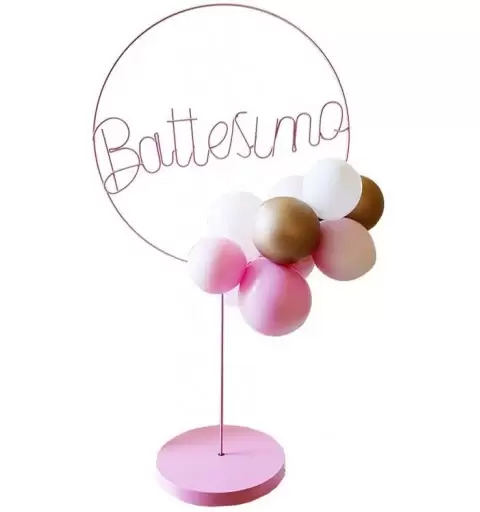 CERCHIO DECORATIVO BATTESIMO ROSA CON PALLONCINI
