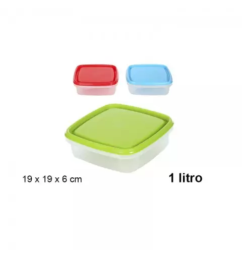 Contenitore Portavivande quadrato con tappo in colori assortiti 1lt 19x19x6cm 102897
