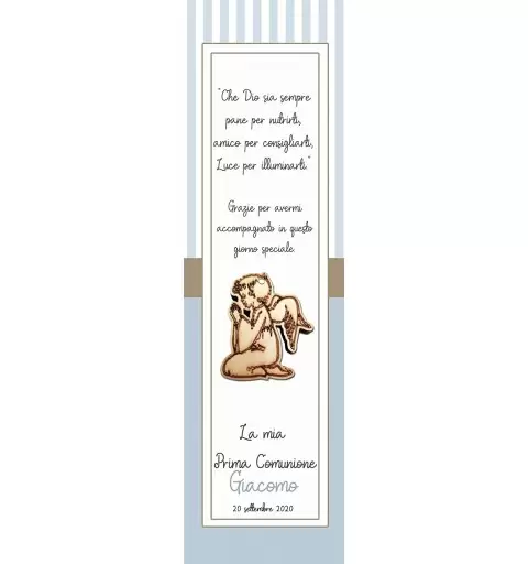 50 SEGNAPOSTO COMUNIONE CELESTE CON ANGIOLETTI DI LEGNO PERSONALIZZABILI