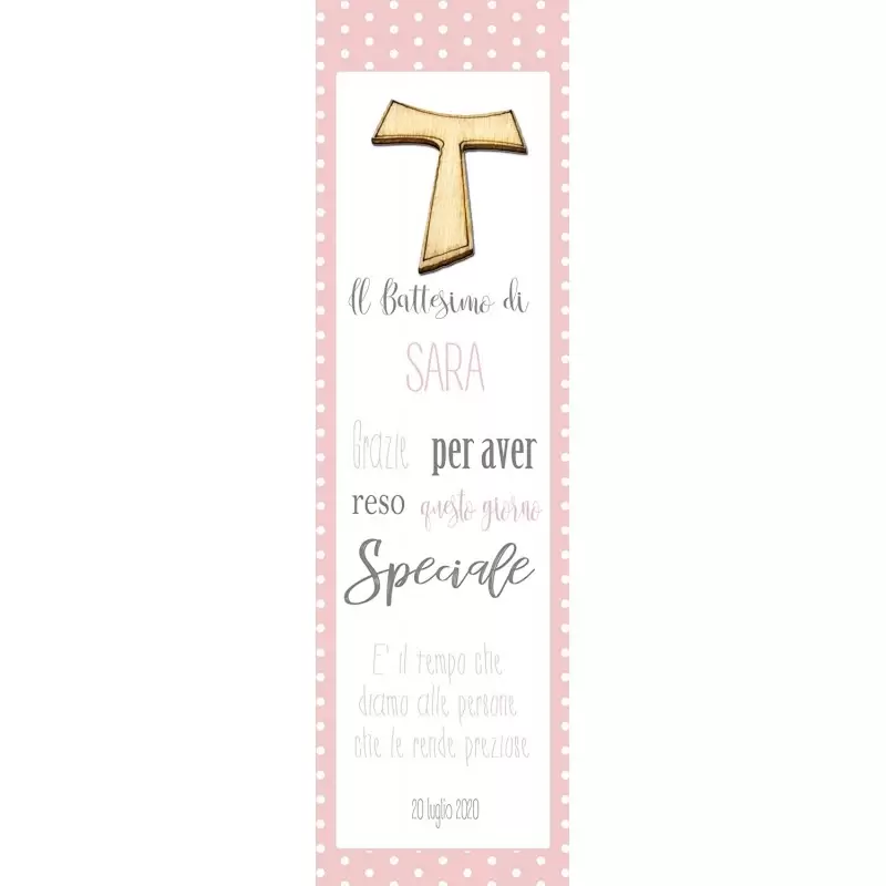 50 SEGNAPOSTO BATTESIMO ROSA PERSONALIZZATI CON CROCI TAO DI LEGNO