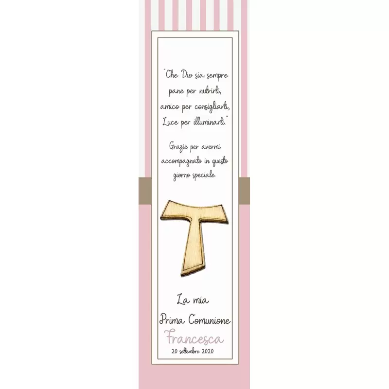 50 SEGNAPOSTO PRIMA COMUNIONE ROSA PERSONALIZZATI CON CROCI TAO DI LEGNO