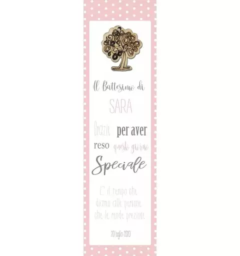 50 SEGNAPOSTO BATTESIMO ROSA PERSONALIZZATI CON ALBERO DELLA VITA DI LEGNO