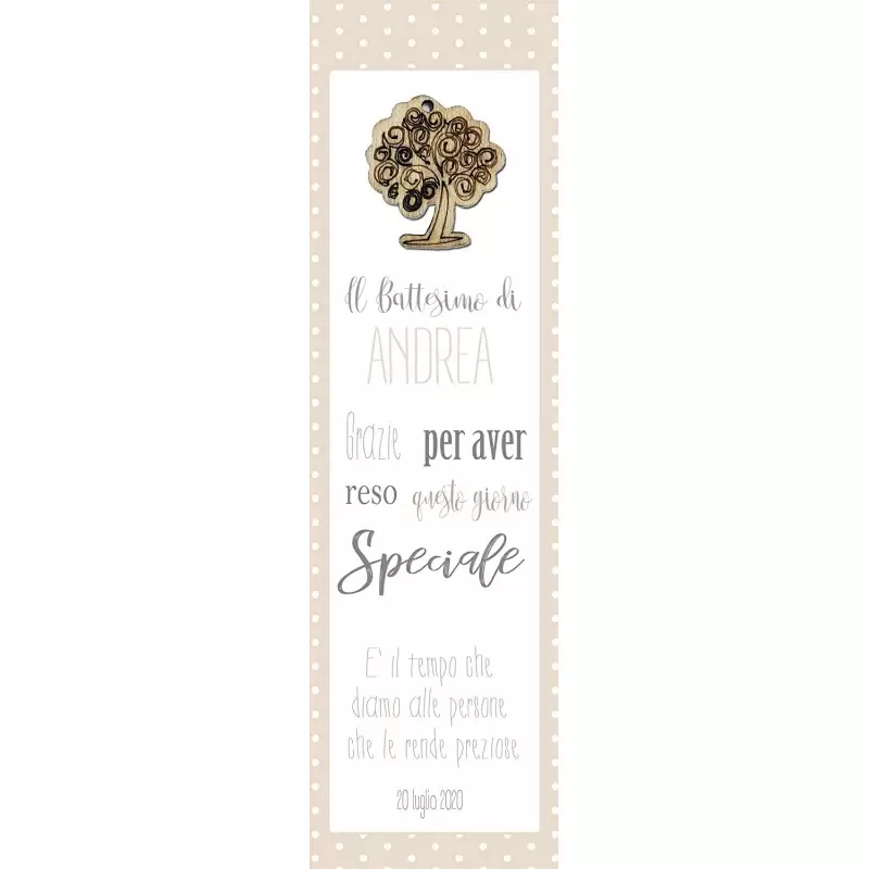 50 SEGNAPOSTO BATTESIMO BEIGE PERSONALIZZATI CON ALBERO DELLA VITA DI LEGNO