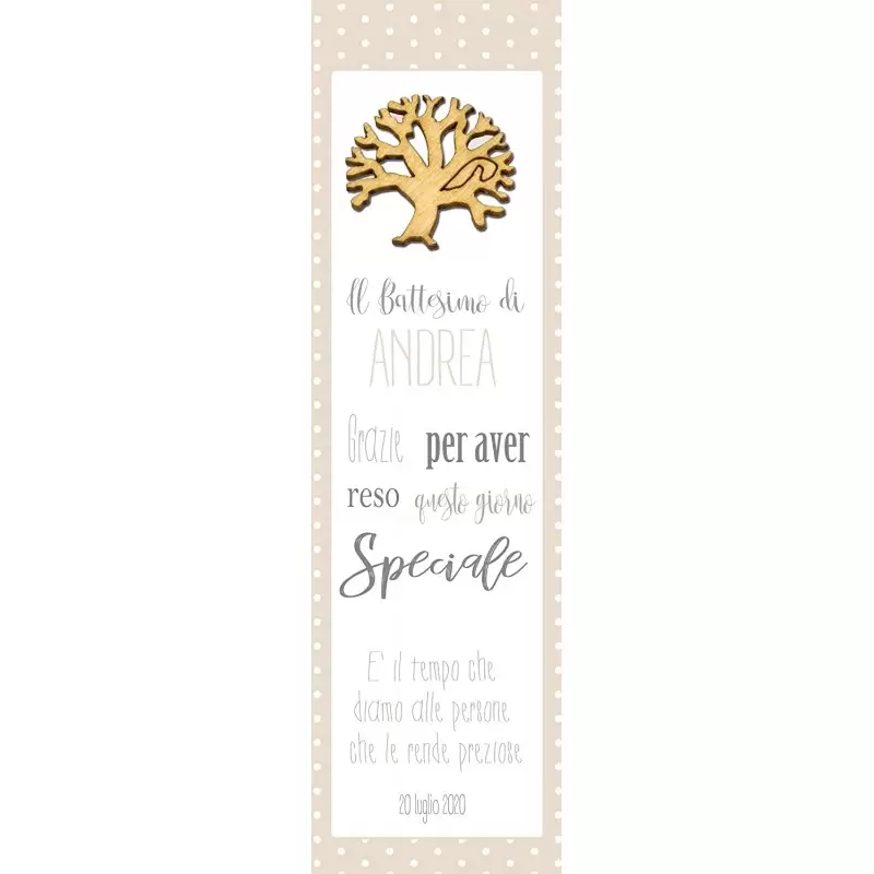 50 SEGNAPOSTO BATTESIMO BEIGE PERSONALIZZATI CON QUERCE DI LEGNO