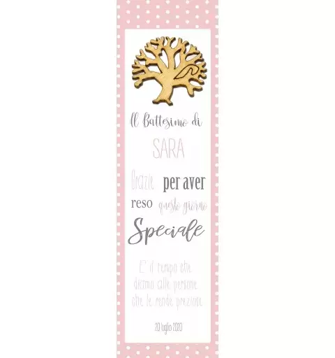 50 SEGNAPOSTO BATTESIMO ROSA PERSONALIZZATI CON QUERCE DI LEGNO