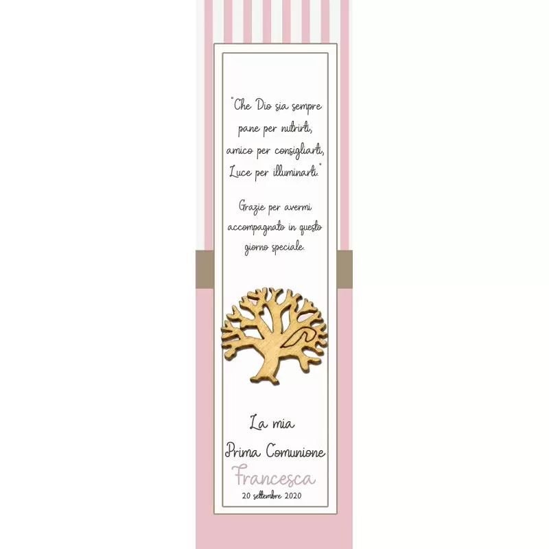 50 SEGNAPOSTO COMUNIONE ROSA PERSONALIZZATI CON QUERCE DI LEGNO