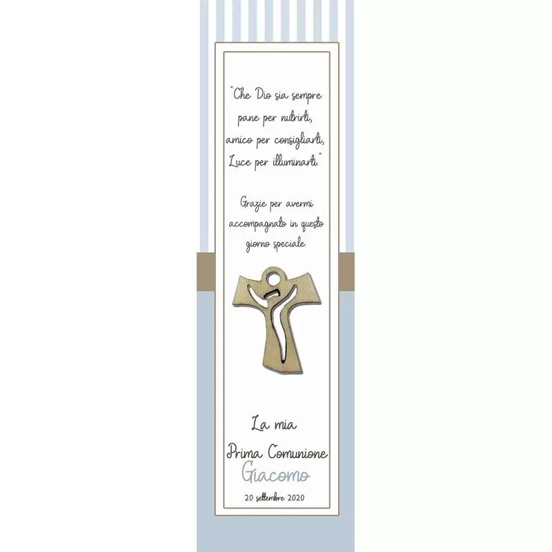 50 SEGNAPOSTO PRIMA COMUNIONE CELESTE PERSONALIZZABILI CON CROCE DI LEGNO