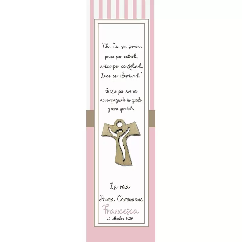50 SEGNAPOSTO PRIMA COMUNIONE ROSA PERSONALIZZABILI CON CROCE DI LEGNO
