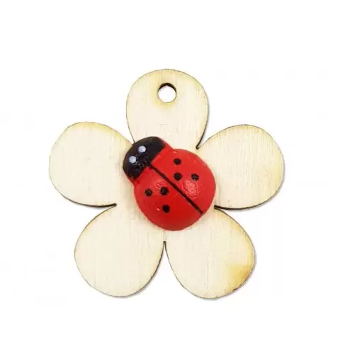 FIORE DI LEGNO CON COCCINELLA - DECORAZIONE PER BOMBONIERE LAUREA
