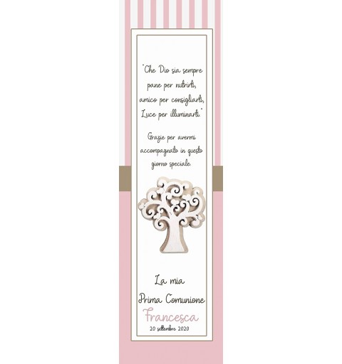 50 SEGNAPOSTO PRIMA COMUNIONE ROSA PERSONALIZZATI CON ALBERO CUORI DI LEGNO